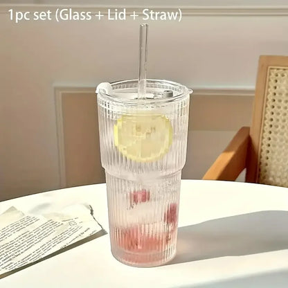 1/2pcs 600ml Stripe Glass Cup with Lid and Straw – Transparent Juice, Water, and Iced Coffee Drinking Glass