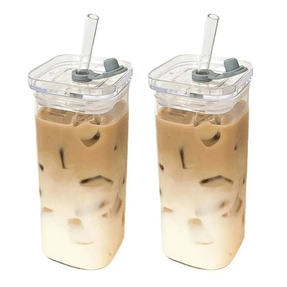 1pcs Square Heat-Resistant Coffee Glass Cup with Lid and Straw – Transparent Milk, Tea & Juice Mug for Home or Bar Drinkware